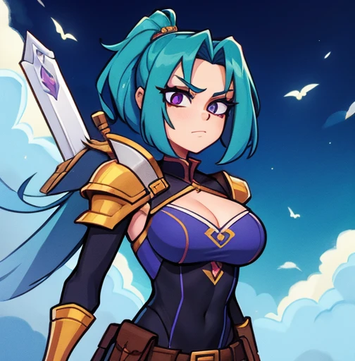 an animated character is in the background of a video game screener and an image of a girl in an with a sword on her shoulder and her breasts spread out