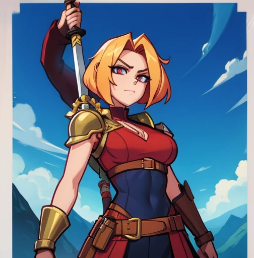 an animated character is in the background of a video game screener and an image of a girl in an with a sword on her shoulder and her breasts spread out
