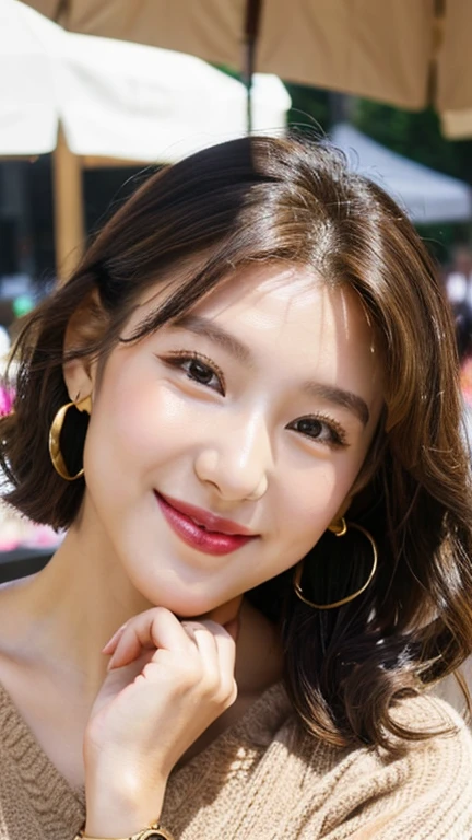 Female 20 years old,sunlight,smile,Applying lipstick,Light brown curly short hair,Left ponytail,A little plump,Brest Market Shopping Giants,Wear the watch on your right hand,Half Moon Earrings,