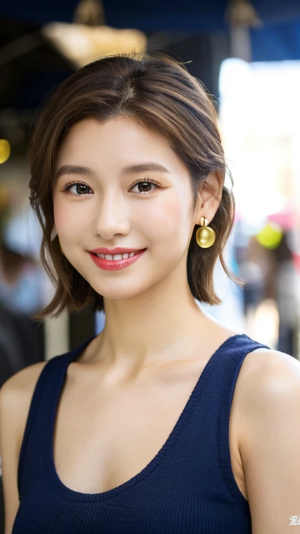 Female 20 years old，sunlight，smile，Applying lipstick，Light brown curly short hair，Left ponytail，A little plump，Brest Market Shopping Giants，Wear the watch on your right hand，Half Moon Earrings，