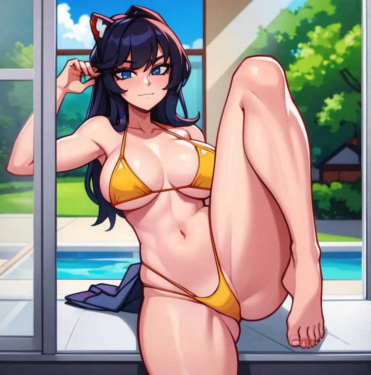 a woman posing in a lewd bikini in front of the sliding glass door of her house with it's own feet propped on the glass