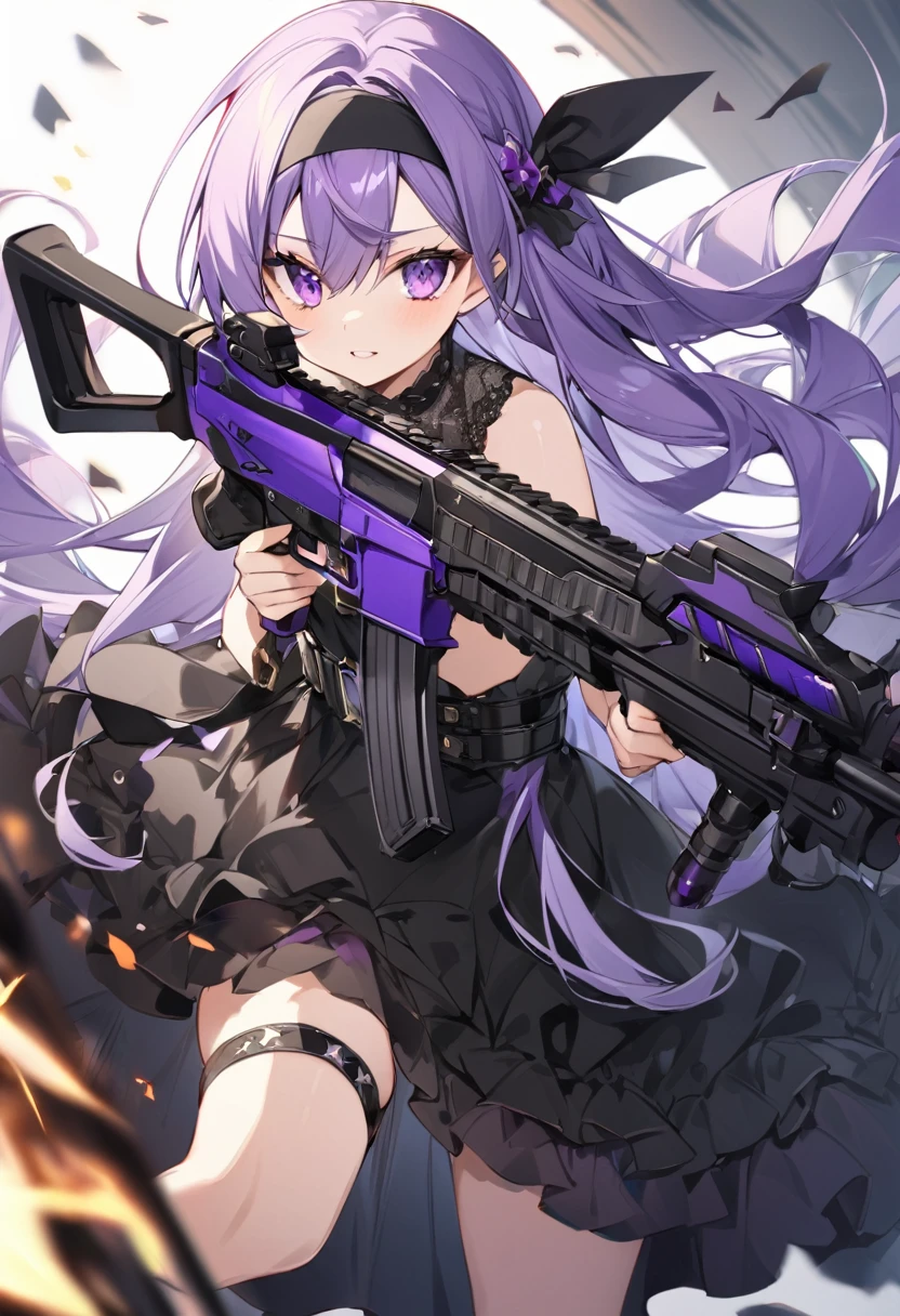 Keito。purple eye。purple Hair。holding purple assault rifle。black headband。long hair。wearing black dress。princess。ammo belt。