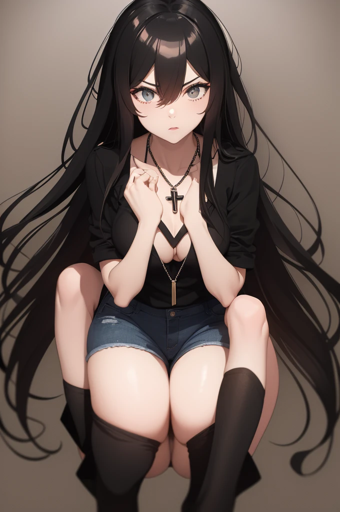 sex girl,Black Cloth, short jeans, necklace white cross, black long hair, serious