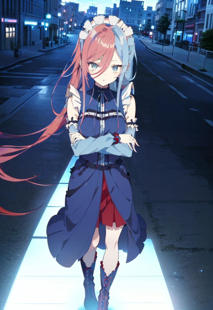 ((split-color hair , red hair , light blue hair)),[(city background:1.4)::5],original,(illustration:1.1),(best quality),(masterpiece:1.1),(extremely detailed CG unity 8k wallpaper:1.1), (colorful:0.9),(mid shot:0.95),(full body:1.5),Dynamic angle,(solo:1.2), (girl),((adult)), (detailed beautiful eyes:1.15), (beautiful face:1.15), (glowing red eyes:1.25////),((medium hair)),((split-color hair , red hair , light blue hair)),(high twintails),(chignon),(+perfect hand+:1.21),(Draw an illustration of a gothic girl),(Religious),(slender),(is wearing boots on her feet),((is wearing white maid clothes)),(furious), Lace Off-shoulder ta fashion,beautiful slender woman,high twintails,full body,mini skirt,((split-color hair , red hair , light blue hair)),((black long boots)),((mini skirt)),((adult)),((dynamic angle)),((split-color hair , red hair , light blue hair)),((split-color hair , red hair , light blue hair)),((black long boots)),((black long boots)),((split-color hair , red hair , light blue hair)),((split-color hair , red hair , light blue hair)),((city background)),