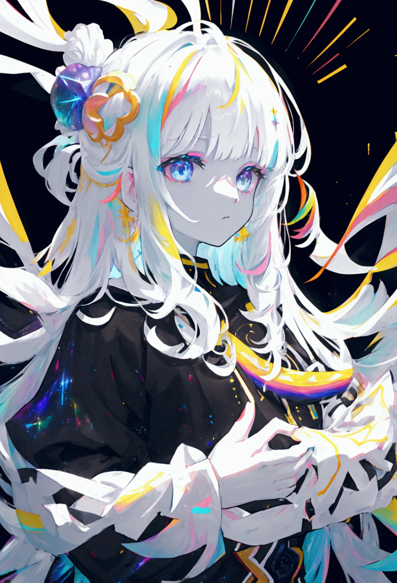 rainbow Galaxy goddess, white skin, galaxy aesthetic, black background, overwhelmingly bright