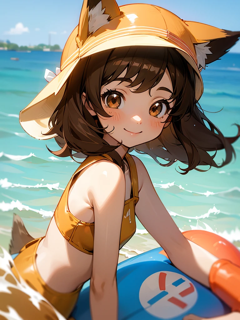A cute little lowteen anime girl, short brown wavy hair, id shot, anime style, big shiny brown eyes, fox ears, , summer, swimsuits,seaside,smile