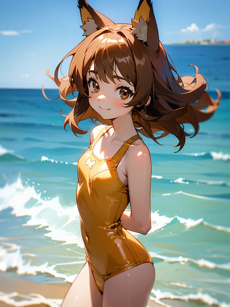 A cute little lowteen anime girl, short brown wavy hair, id shot, anime style, big shiny brown eyes, fox ears, , summer, swimsuits,seaside,smile