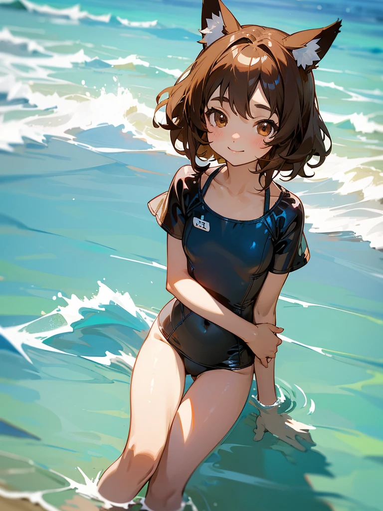 A cute little lowteen anime girl, short brown wavy hair, id shot, anime style, big shiny brown eyes, fox ears, 11 years old, summer, swimsuits,seaside,smile