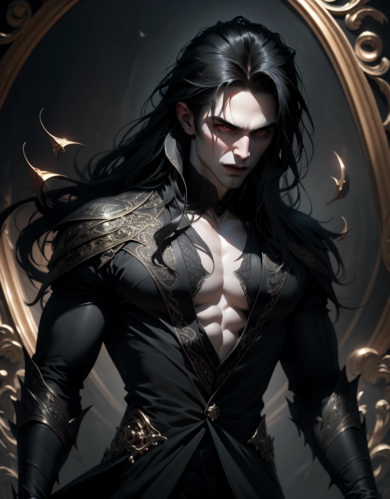 {anatomy}(Masterpiece - Ultra-detailed, very high resolution) Prepare to be enchanted by a true masterpiece that combines ultra-detailed art with high-resolution rendering. This work portrays a vampire man with long black hair (1.3) and captivating golden eyes (1.2), emanating an aura of mystery in dark settings. The intricate details and realistic textures invite you to explore every aspect of this enchanting composition. Vampire man. Black tunic. Serious expressions. Pale skin like a vampire. Walking, writing, standing, backwards, dynamic poses.
