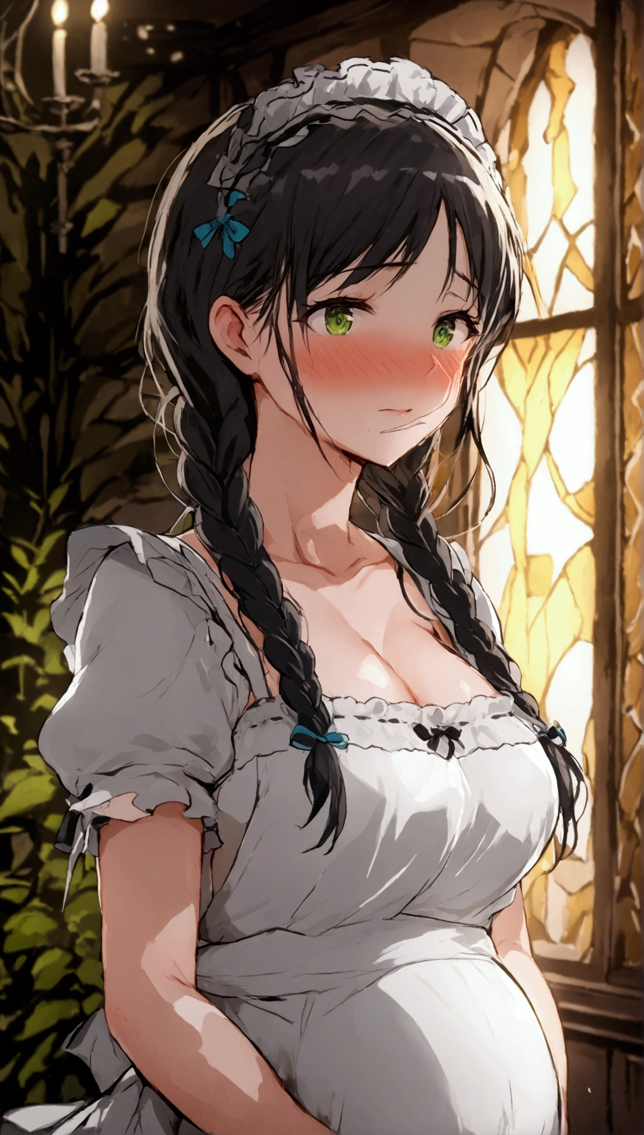 Anime. 1 girl. Housemaid. Pregnant. Black hair. Long hair. Hair is gathered in braids. Green eyes. Beautiful eyes. Perfect eyes. Expressive eyes. Beautiful nose. Ideal anatomical body. Beautiful graceful hands. Beautiful graceful legs. Medium breasts. Beautiful breasts. Nightgown. Contractions. The waters have broken. Childbirth. She's giving birth. I peed myself. I crap myself. Standing. Bedroom in a mansion. Full height. Embarrassment. Blush. Whole body. Extremely detailed CG Unity 8k wallpaper. Ideal lighting. Ultra high resolution 4K. Super detailed 8K resolution.