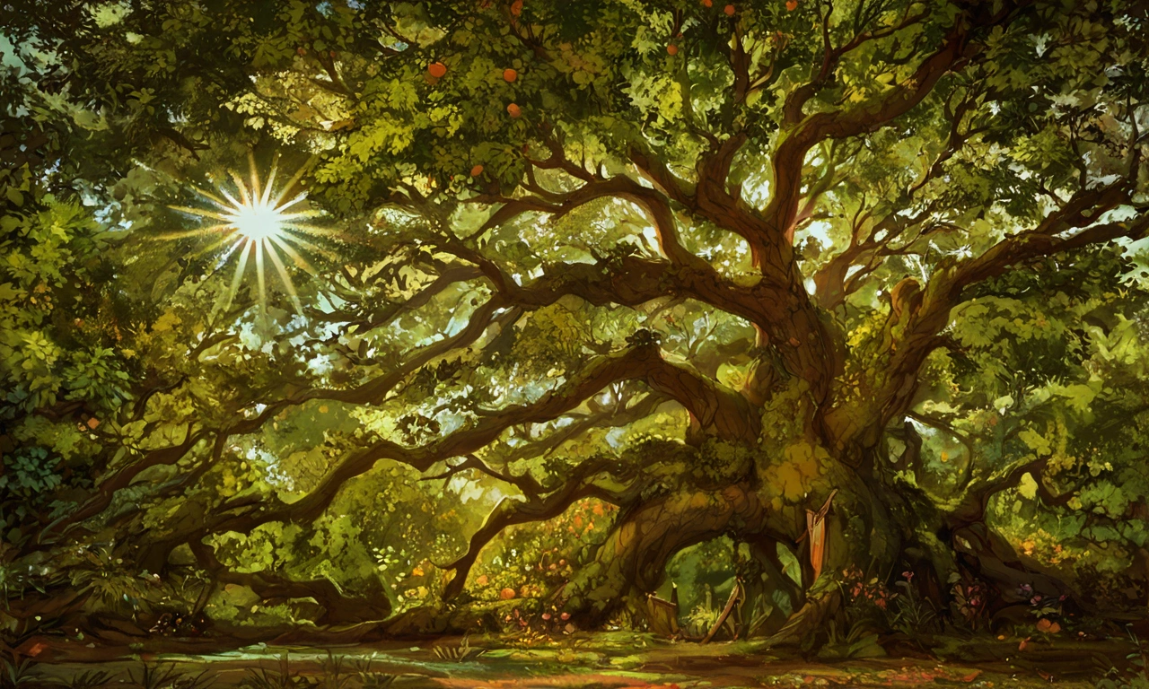 score_9, score_8_up, score_7_up, score_6_up, an ancient huge big old oak tree, magical forest, colorful flowers on the background