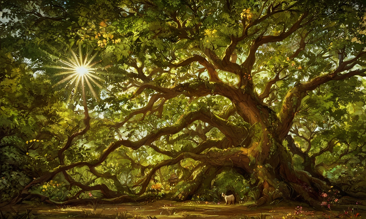 score_9, score_8_up, score_7_up, score_6_up, an ancient huge big old oak tree, magical forest, colorful flowers on the background