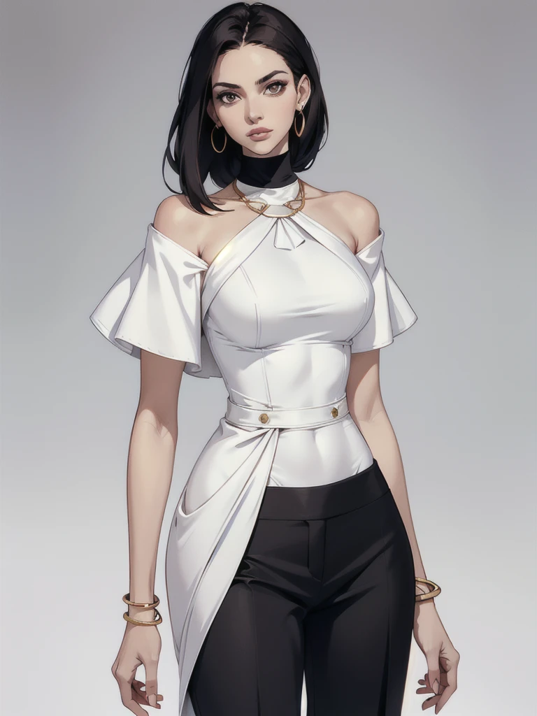 makeup, mascara, Lips are subdued or colors, simple black background, Minimalism, monotone, simple color palettes, Clean, sharp designs, flowing silhouettes, Tight skirts and pants, high-waisted skirts and pants, simple dresses, shirts and blouses, asymmetrical, geometric, Elegant and luxurious materials and designs, Simple, minimal accessories, Slim necklaces and rings in silver or gold, Simple bangles, Distinctive designs, simple silhouettes, simple and sophisticated style, elegance, minimalism, high quality materials, cool and urban impression, high fashion, simplicity and sophistication, solo, 1girl, big breasts, thick thighs, thin waist, sweaty breasts, giant massive breasts
