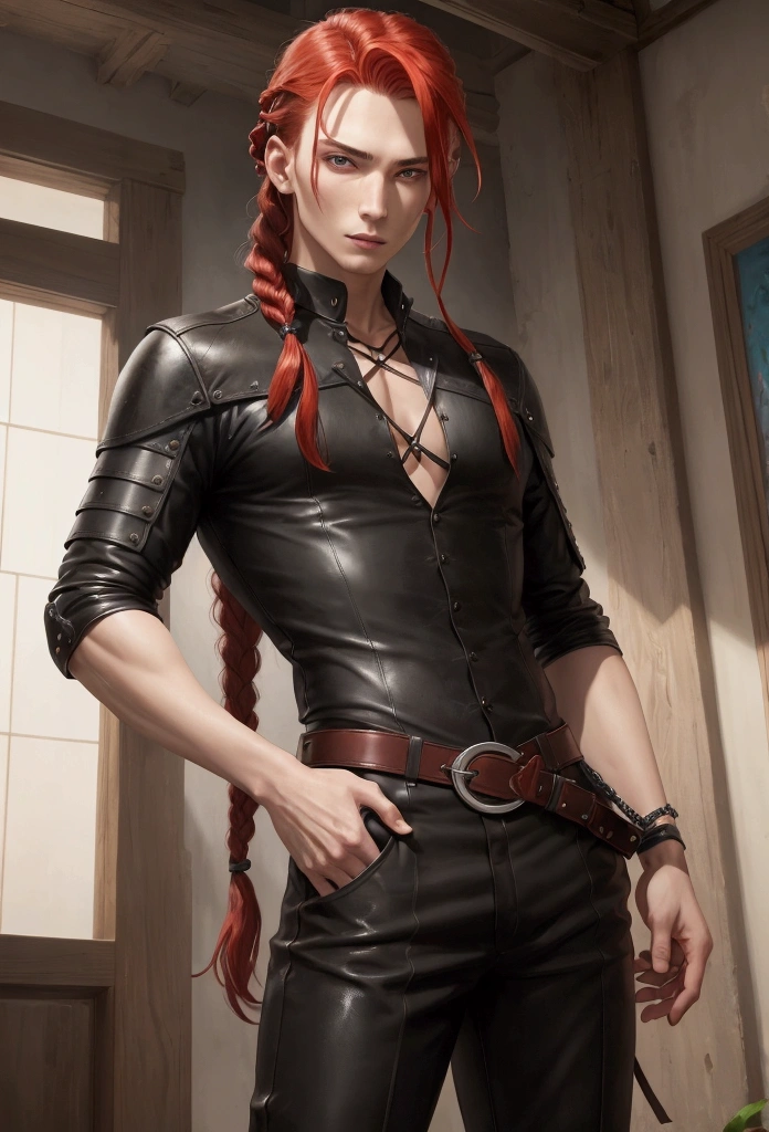 ((best qualityer)), ((work of art)), (detailded), 1 men, Youngh, skin fair, Red hair, long, braided hair, a braid, bonitas, greeneyes, Scrawny, Whip, black leagwear, leather outfit, leather pants, Mediovale, RPG, rogue