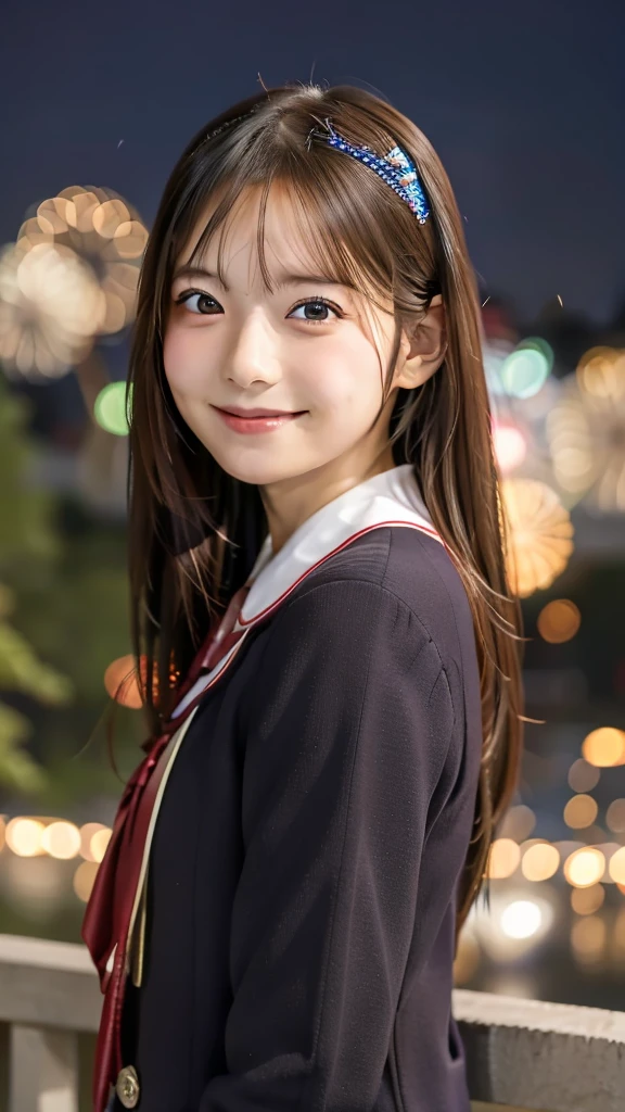 smile、high school girl、uniform、With fireworks in the background、You can see the Tokyo Sky Tree、