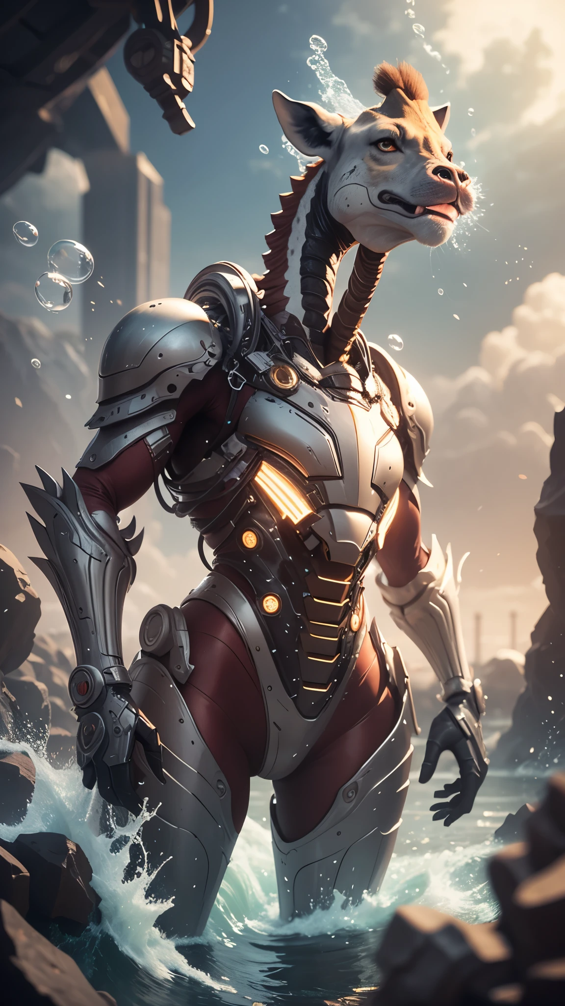 watce, a giraffe made out of water and mechanical gear, standing in the water with bubbles,A giraffe with a gear body wrapped in liquid flesh,Mechanical,intricately constructed