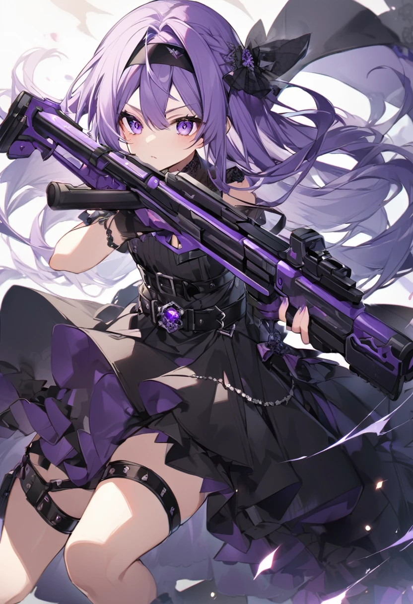 Keito。purple eye。purple Hair。purple pistol。black headband。long hair。wearing black dress。princess。ammo belt。