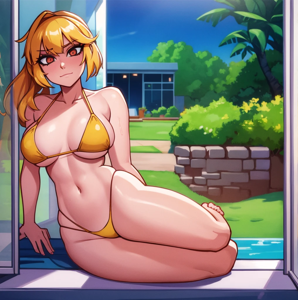 a woman posing in a lewd bikini in front of the sliding glass door of her house with it's own feet propped on the glass