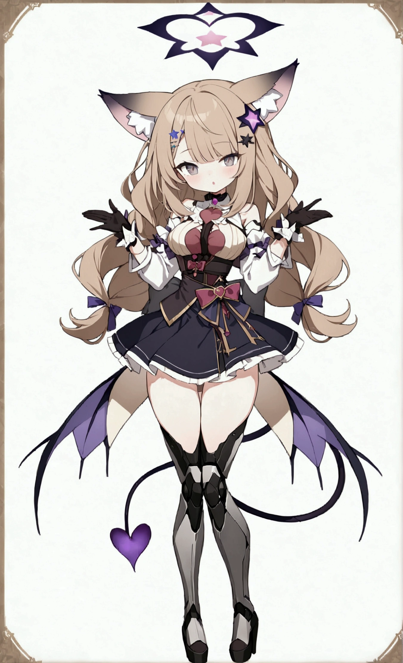 woman 170 cm tall. medium chest, wide hip, slim build, ((whole body)). (((character design sheet: front view))). (dark blonde hair, ((hip length wavy hair, asymmetrical bangs, star hairpin)), (She has a short braid tied with an elegant purple ribbon on the left side of her hair above her chest). (She has a short braid tied with an elegant purple ribbon on the right side of her hair above her chest). She has small hair ties in the back of her hair..). ((Gray eyes with a pink 4-pointed star in the pupil)). (Two black and purple fox ears located on the top of the head). (Luminous black halo with purple star patterns above his head). He has a black collar with a heart emblem on his neck.. (Elegant long one piece dress, thigh-length lace and ruffle skirt, ribbon decorations and star patterns on the dress). black gloves, Black platform heels. gray belt at the waist with a large ribbon with a luminous pink heart in the middle. ((He has a succubus tail that ends in the shape of a purple heart.)). (((It has complex mechanical legs that reach up to the thighs and are black with small purple details..))). beautiful detailed hair, beautiful detailed dress. extremely detailed arms. extremely detailed face, small face, Beautiful detailed eyes, beautiful detailed lips. adorable. extremely detailed legs. (Best Quality, 4k, high resolution), ultra detailed, Exquisite and epic character art, ((White background)). (Focus on symmetry).