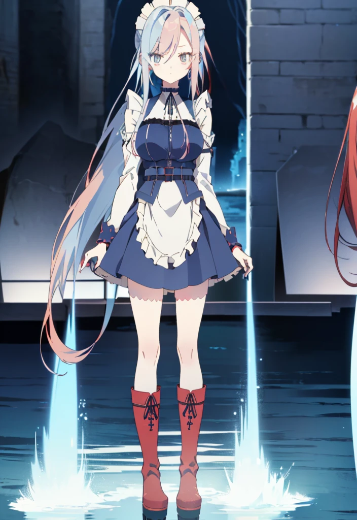 ((split-color hair , red hair , light blue hair)),[(underground waterway background:1.4)::5],original,(illustration:1.1),(best quality),(masterpiece:1.1),(extremely detailed CG unity 8k wallpaper:1.1), (colorful:0.9),(mid shot:0.95),(full body:1.5),Dynamic angle,(solo:1.2), (girl),((adult)), (detailed beautiful eyes:1.15), (beautiful face:1.15), (glowing red eyes:1.25////),((medium hair)),((split-color hair , red hair , light blue hair)),(high twintails),(chignon),(+perfect hand+:1.21),(Draw an illustration of a gothic girl),(Religious),(slender),(is wearing boots on her feet),((is wearing white maid clothes)),(furious), Lace Off-shoulder ta fashion,beautiful slender woman,high twintails,full body,mini skirt,((split-color hair , red hair , light blue hair)),((black long boots)),((mini skirt)),((adult)),((dynamic angle)),((split-color hair , red hair , light blue hair)),((split-color hair , red hair , light blue hair)),((black long boots)),((black long boots)),((split-color hair , red hair , light blue hair)),((split-color hair , red hair , light blue hair)),((underground waterway background)),