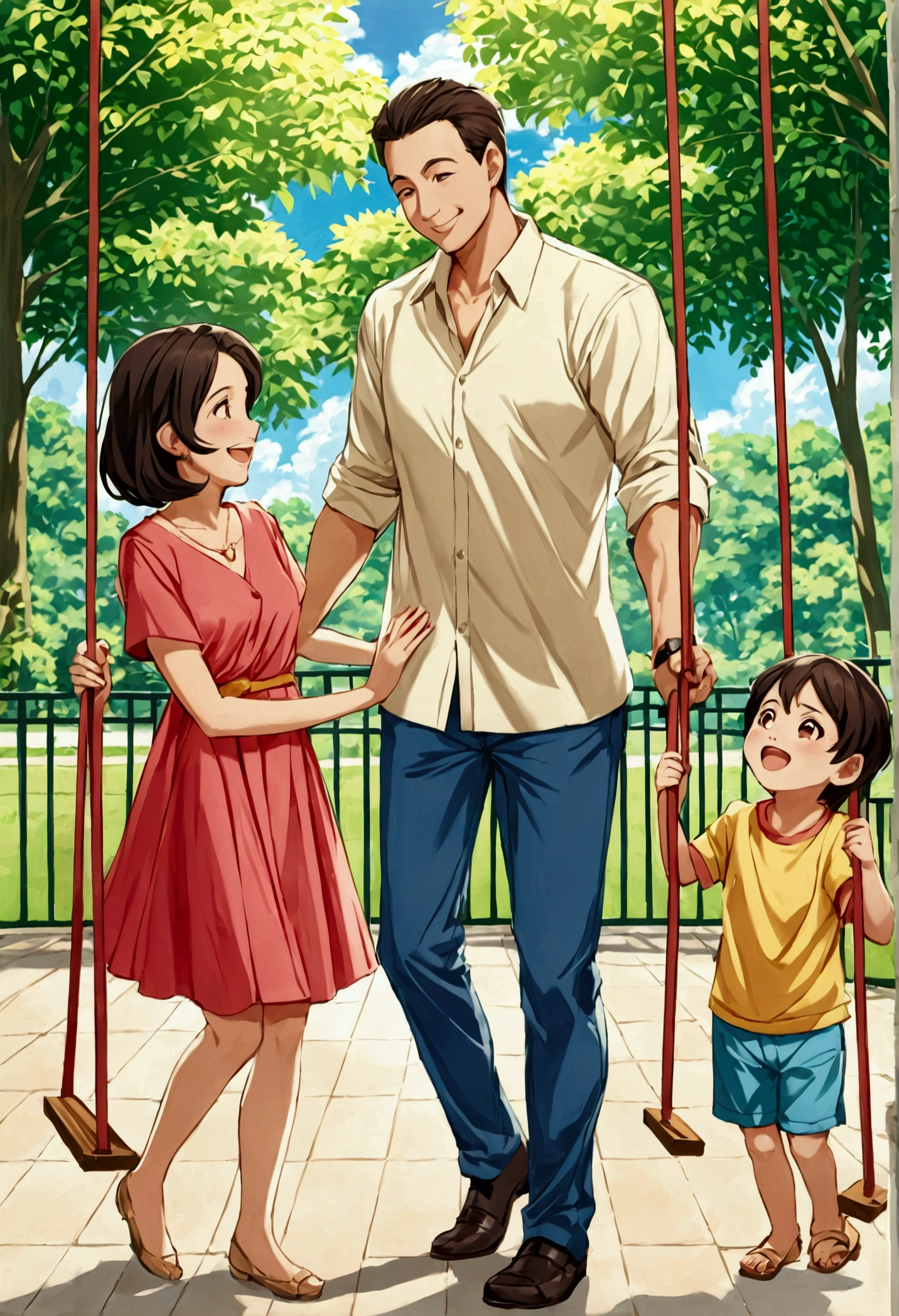 First shot: The family in the public park. The child is playing on the swing and the mother is standing next to him, watching him and gently pushing the swing.
Mother (laughing): “Have fun, but remember to hold tight!”
Second shot: Father and mother walking through the mall with their , holding his hands.
Father (looking at mother): “Let's go to the toy store then, what do you think?”
Third shot: The family is having lunch in a restaurant. The sits between his parents and the mother helps him eat his food.
Mother (smiling): “Did you like the food?”