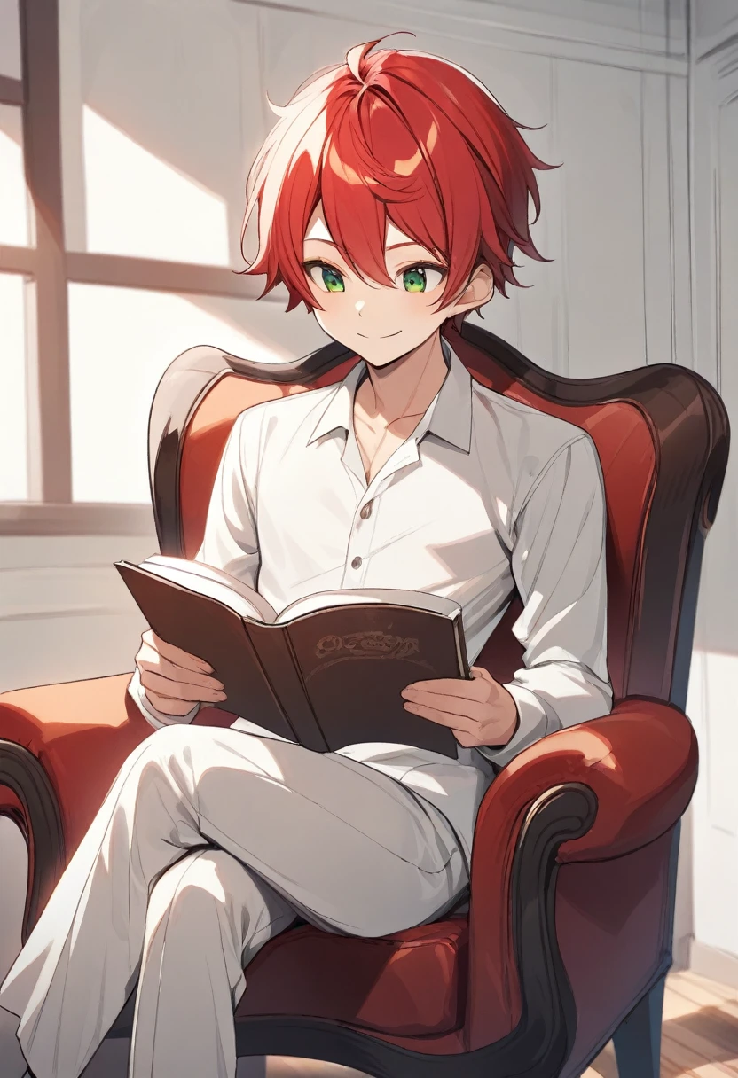 young boy, naughty man, reading alone, lying on the grass in a lush green forest, tall and slim, youthful face, Red hair, greeneyes, skin fair, has a simple smile, cross legs, reading a brown book, has white clothes and used brown pants