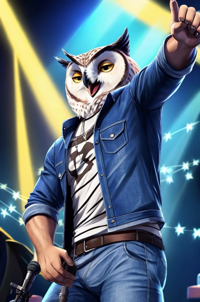 A male owl in a denim jacket singing with microphone
