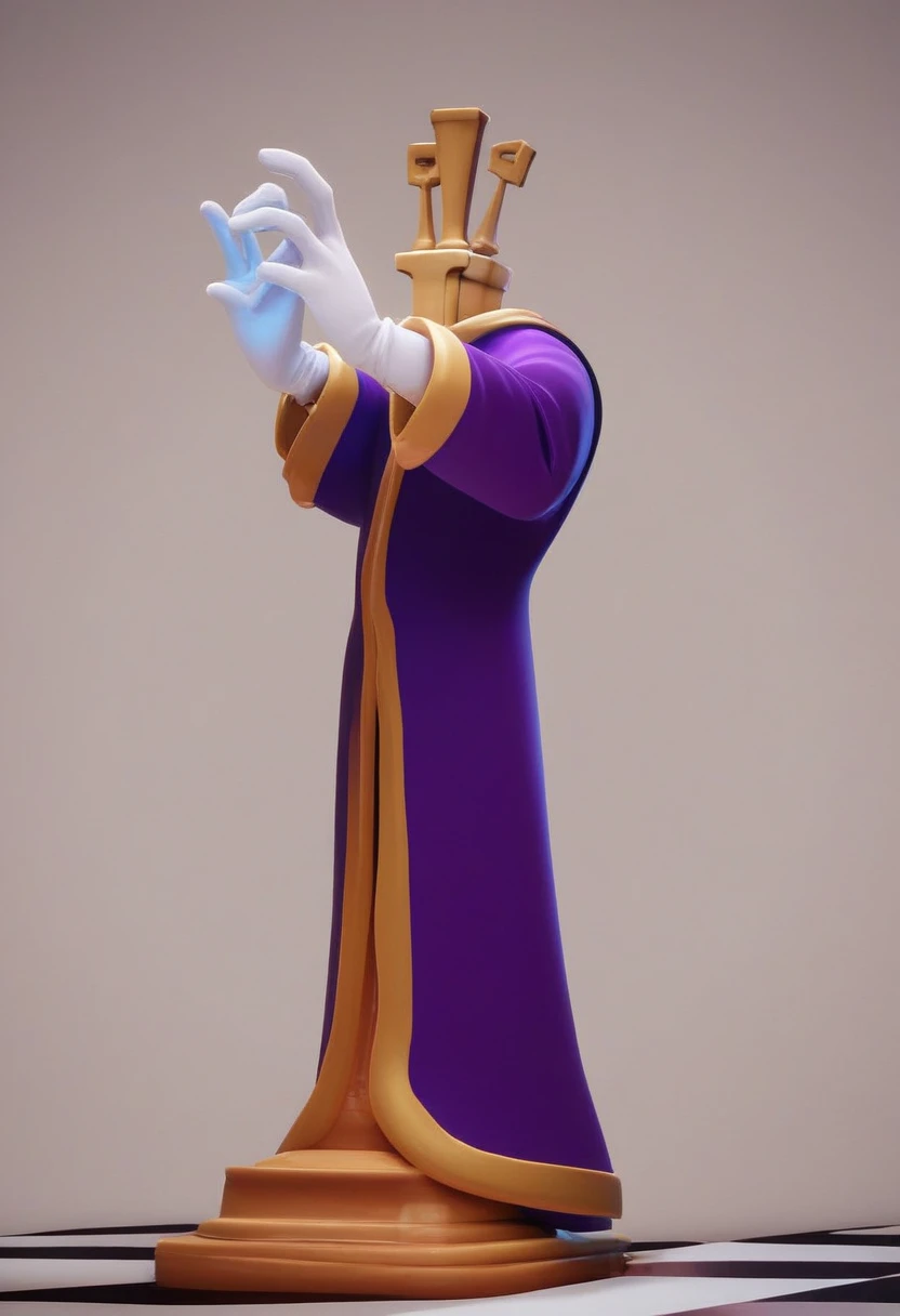 kinger, 1boy, solo, chess piece character, purple royal robe, flying hands in white gloves, huge blue eyes, full body, source, no humans, blue eyes, 3d, source_cartoon