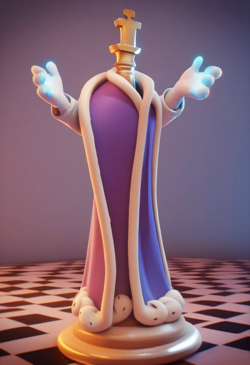 kinger, 1boy, solo, chess piece character, purple royal robe, flying hands in white gloves, huge blue eyes, full body, source, no humans, blue eyes, 3d, source_cartoon