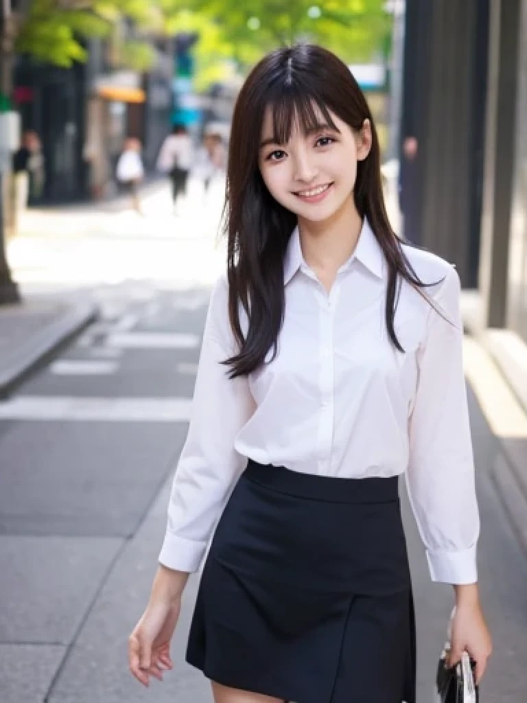 Japanese、18 year old girl、Very slim、((Smiling))、business suit、Business district、mini skirt