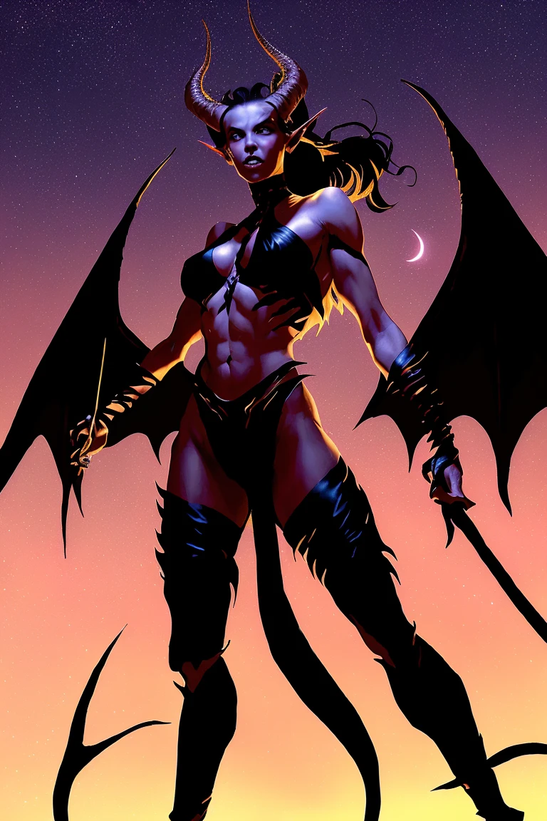 Red skin succubus tiefling, digitigrade legs, full breasts, medium breasts, black horns, wings, huge tail, black leather, crop top, long flowing pelvic curtain, tall, toned, graceful, thin, long black ponytail. Action scene, whip. Dark scene, explosions, night sky.