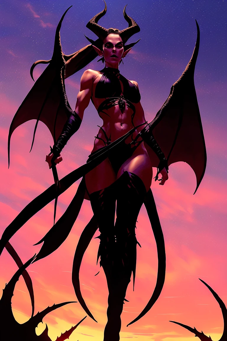 Red skin succubus tiefling, digitigrade legs, full breasts, medium breasts, black horns, wings, huge tail, black leather, crop top, long flowing pelvic curtain, tall, toned, graceful, thin, long black ponytail. Action scene, whip. Dark scene, explosions, night sky.