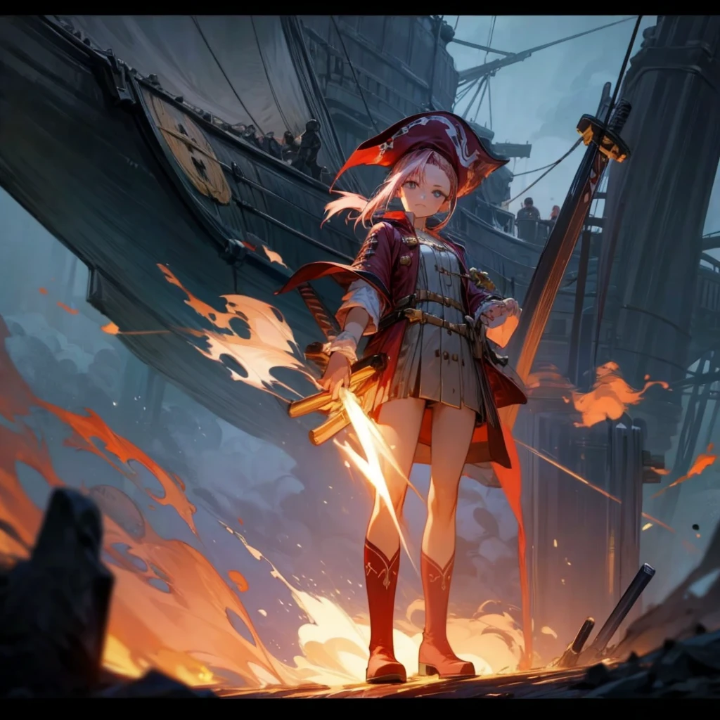 1girl, Full body version, 1character, girl version, black eyes, long Curly haircut, pink colour hair, ancient pirate style clothing, red colour clothing, long boots, Grassroots, background in sea, motion blur, (Hunter x Hunter style), sword Gladius in hang, pirate hat, pirate robe, smoke effect, aura effect, blue lighting, lightning sword, low angle view, fire, with ship pirates, normal gesture 