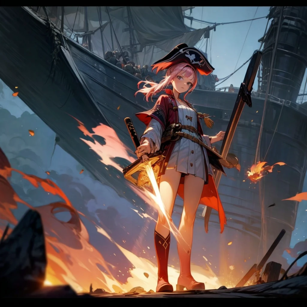 1girl, Full body version, 1character, girl version, black eyes, long Curly haircut, pink colour hair, ancient pirate style clothing, red colour clothing, long boots, Grassroots, background in sea, motion blur, (Hunter x Hunter style), sword Gladius in hang, pirate hat, pirate robe, smoke effect, aura effect, blue lighting, lightning sword, low angle view, fire, with ship pirates, normal gesture