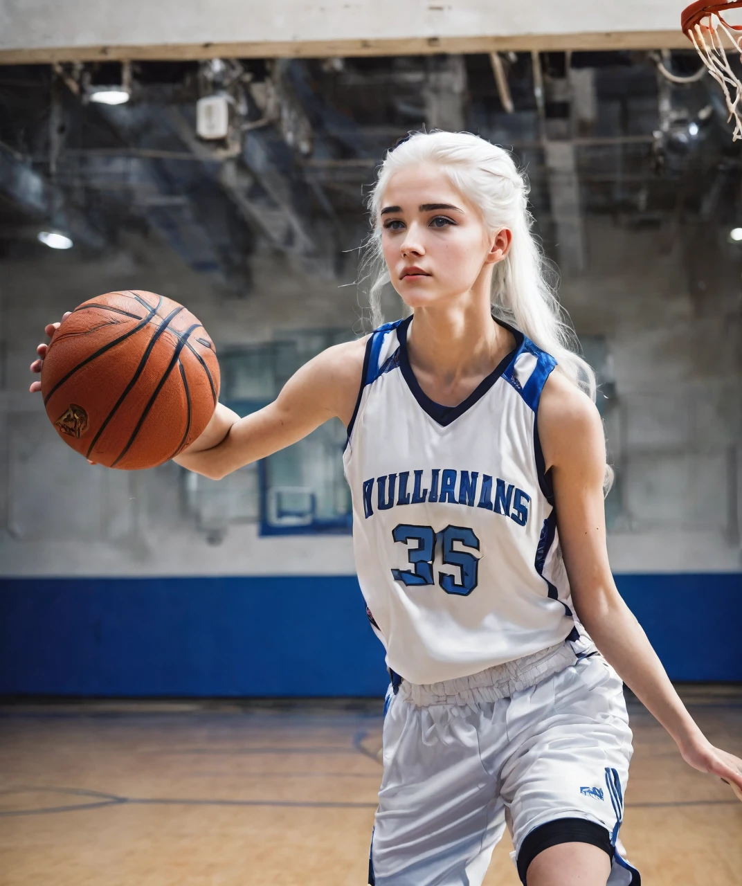  girl basketball player with white hair and blue eyes full body 