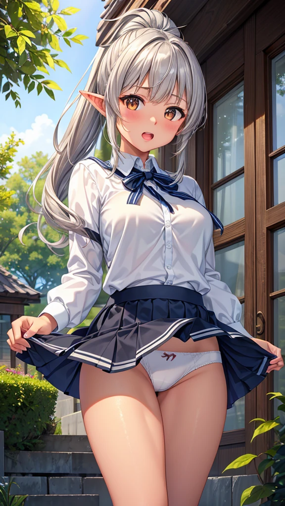 Behind the school building、Dim atmosphere、Masterpiece、High resolution、high quality、32k、(Dark Elf ager Female、Silver Hair、ponytail、((tanned brown skin))、Golden Eyes、Shining Eyes、Noble 、skirt、風でskirtがめくれる、Hair fluttering、Leaves flutter)、blush、Embarrassed、Mouth open in surprise、(Angle from below、near)