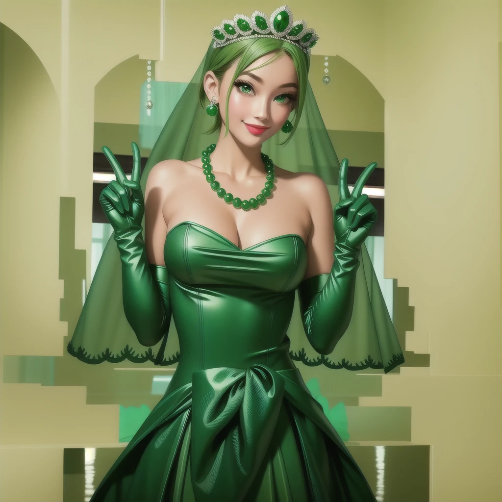 Emerald tiara, Green Pearl Necklace, ボーイッシュな非常に短いGreen Hair, Green Lips, Smiling Japanese woman, Very short hair, Busty beautiful lady, Green Eyes, Green satin long gloves, Green Eyes, Emerald Earrings, Green veil, all of, Green Hair, Beautiful Japanese Women, green lip gloss