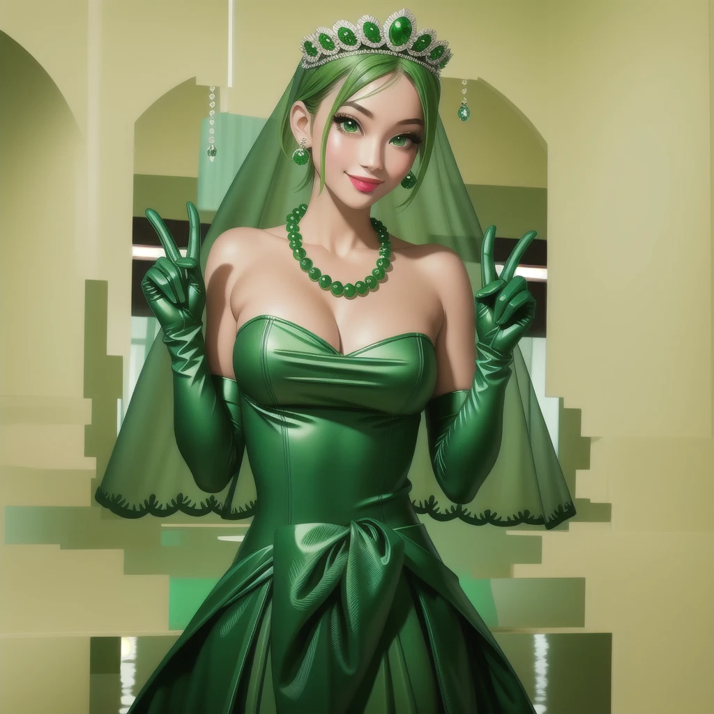 Emerald tiara, Green Pearl Necklace, ボーイッシュな非常に短いGreen Hair, Green Lips, Smiling Japanese woman, Very short hair, Busty beautiful lady, Green Eyes, Green satin long gloves, Green Eyes, Emerald Earrings, Green veil, all of, Green Hair, Beautiful Japanese Women, green lip gloss