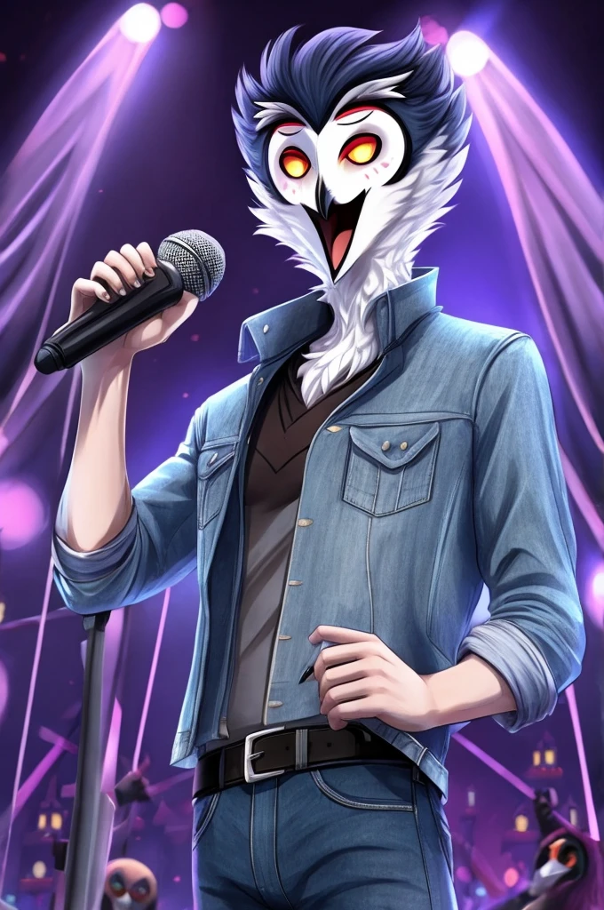 A male owl like stolas in a denim jacket singing with microphone