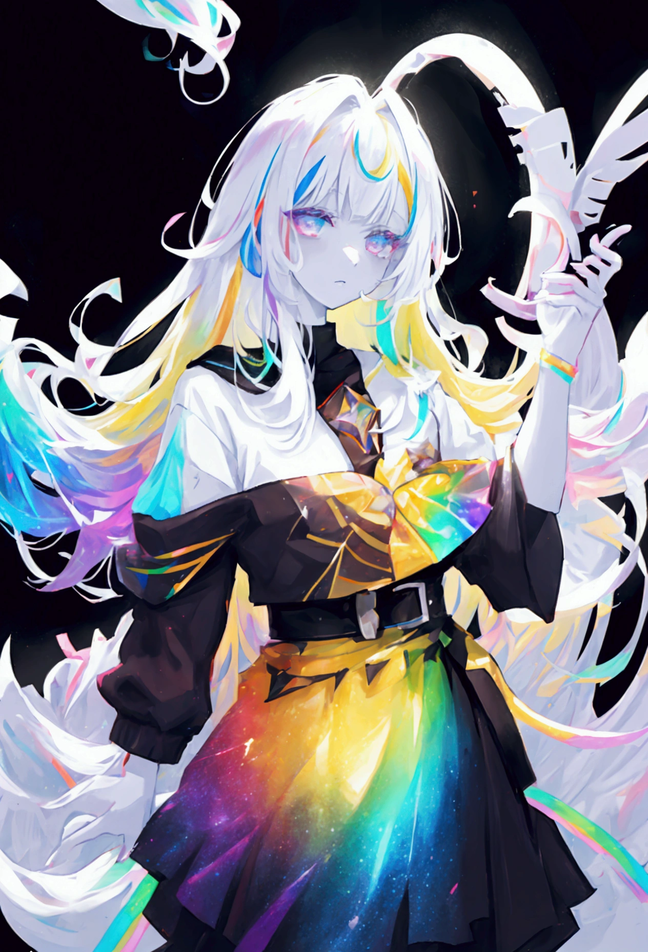 rainbow Galaxy goddess, white skin, galaxy aesthetic, black background, overwhelmingly bright