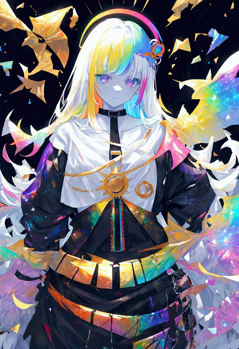 rainbow Galaxy goddess, white skin, galaxy aesthetic, black background, overwhelmingly bright