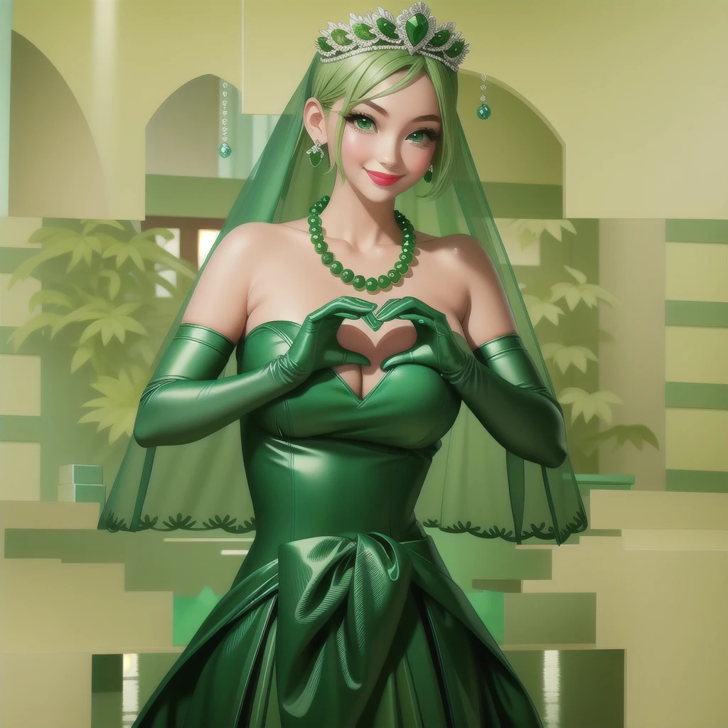 Emerald tiara, Green Pearl Necklace, ボーイッシュな非常に短いGreen Hair, Green Lips, Smiling Japanese woman, Very short hair, Busty beautiful lady, Green Eyes, Green satin long gloves, Green Eyes, Emerald Earrings, Green veil, Heart with both hands, Green Hair, Beautiful Japanese Woman, Heart shaped hands:1.3, green lip gloss