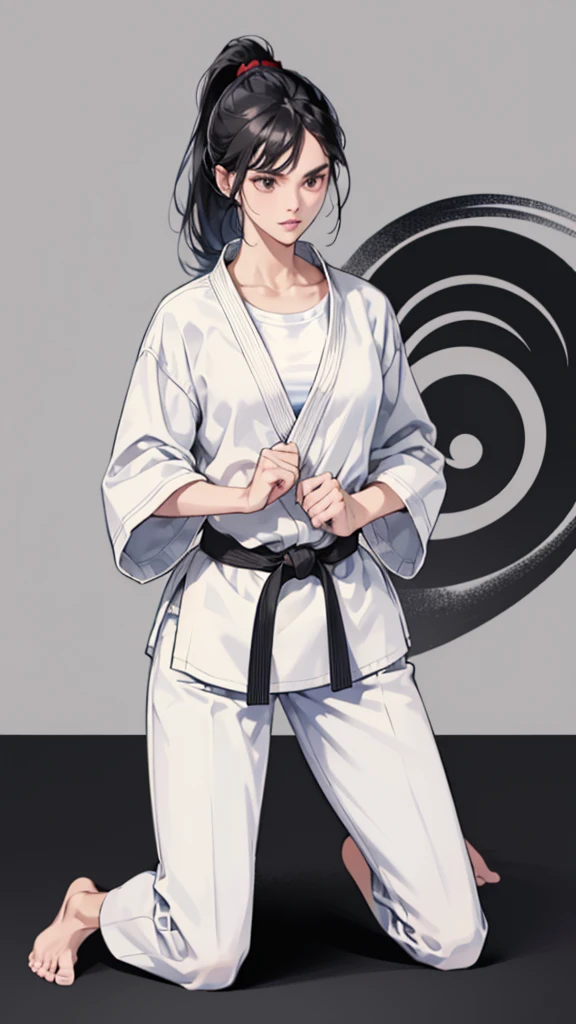 Slender female karateka　Mature Woman　((seiza))　Open chest　Karate Dojo　Black Hair　ponytail　((White T-shirt underneath the karate uniform))　clavicle　Black belt　sit　White pants,Loose, plain white clothing,　Loose white short-sleeved karate uniform　Décolletage　Open chest　karate gi