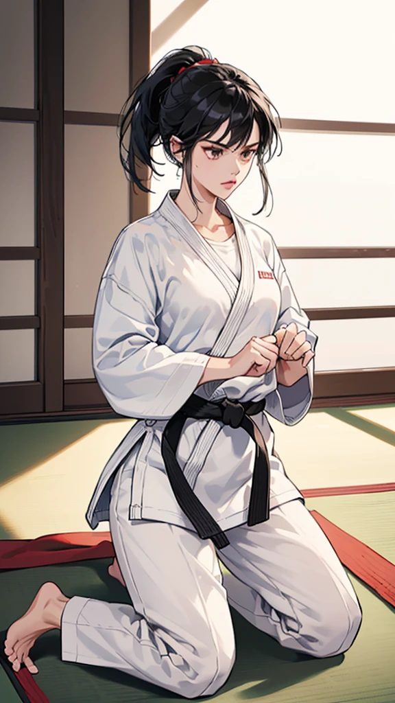 Slender female karateka　Mature Woman　((seiza))　Open chest　Karate Dojo　Black Hair　ponytail　((White T-shirt underneath the karate uniform))　clavicle　Black belt　sit　White pants,Loose, plain white clothing,　Loose white short-sleeved karate uniform　Décolletage　Open chest　karate gi