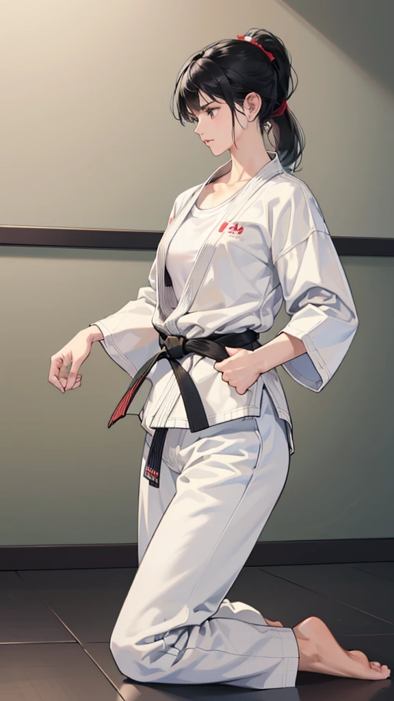 Slender female karateka　Mature Woman　((seiza))　Open chest　Karate Dojo　Black Hair　ponytail　((White T-shirt underneath the karate uniform))　clavicle　Black belt　sit　White pants,Loose, plain white clothing,　Loose white short-sleeved karate uniform　Décolletage　Open chest　karate gi