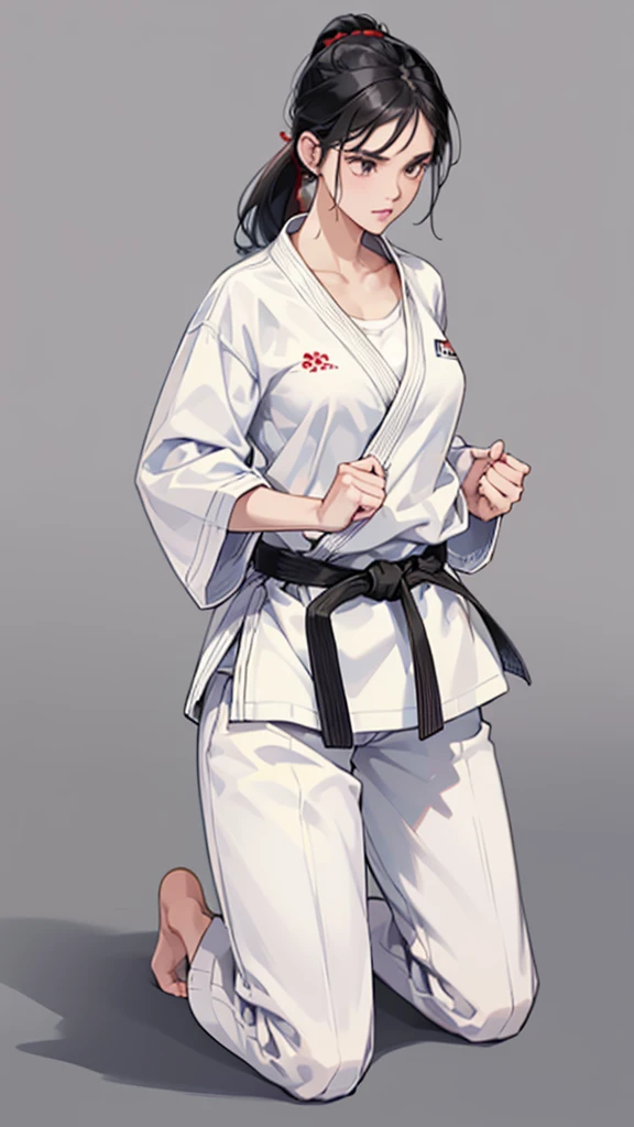 Slender female karateka　Mature Woman　((seiza))　Open chest　Karate Dojo　Black Hair　ponytail　((White T-shirt underneath the karate uniform))　clavicle　Black belt　sit　White pants,Loose, plain white clothing,　Loose white short-sleeved karate uniform　Décolletage　Open chest　karate gi