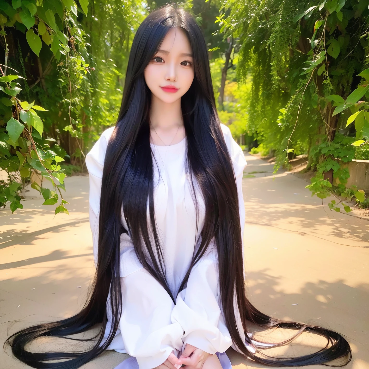 Beautiful young girl with long black hair wearing full dress 