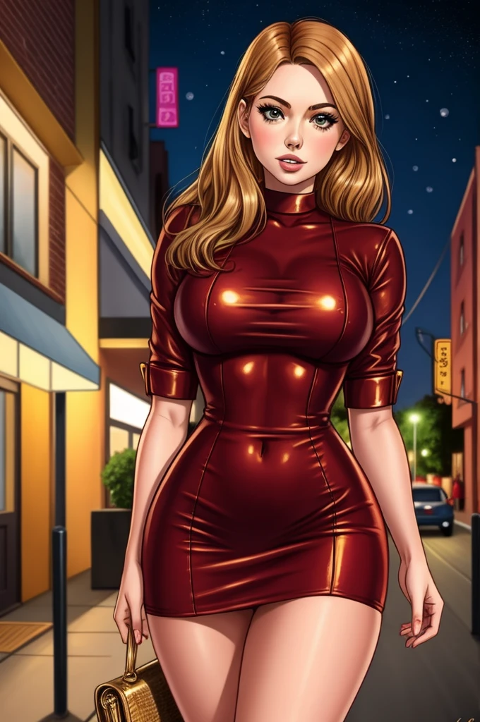 detailed Karen Gillan dress,leather,

copper hair,golden hair,night black hair,

urban setting
1girl, sexy 19 year old woman