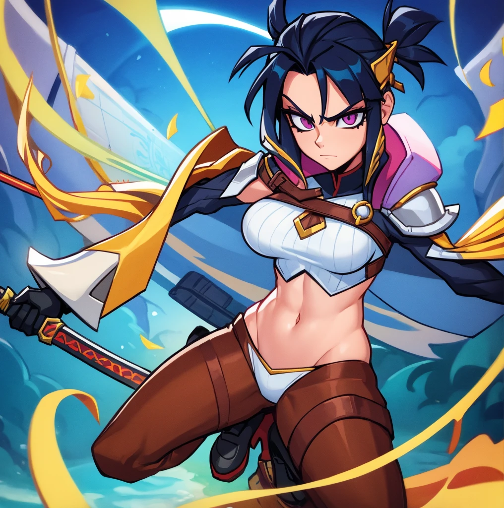 an animated character is in the background of a video game screener and an image of a girl in an with a sword on her shoulder and her breasts spread out