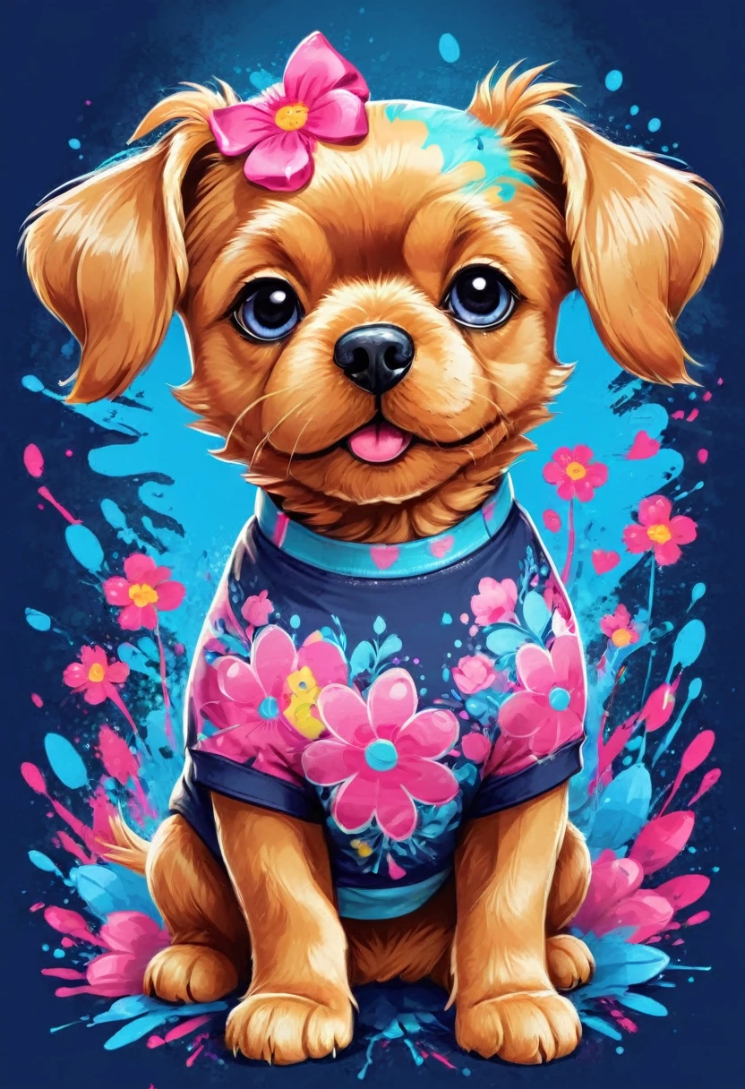 A t-shirt with vector art of a colorful illustration, Russian toy dog, pink flowers, At the center, swirly vibrant colors, paint splashes and smears, high détail, blue background, t-shirt designs
(artwork, best quality, proffesional, perfect composition, very aesthetic, absurdrez, super verbose, Intricate details:1.3)